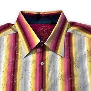 Robert Graham Button Up Shirt Flip Cuffs Colorful Stripes Embroidery Size 2XL